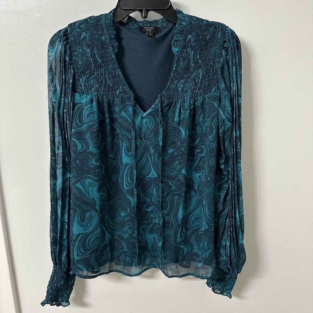Teal and black Marble-Print Long-Sleeve Blouse with smocked cuffs and yoke